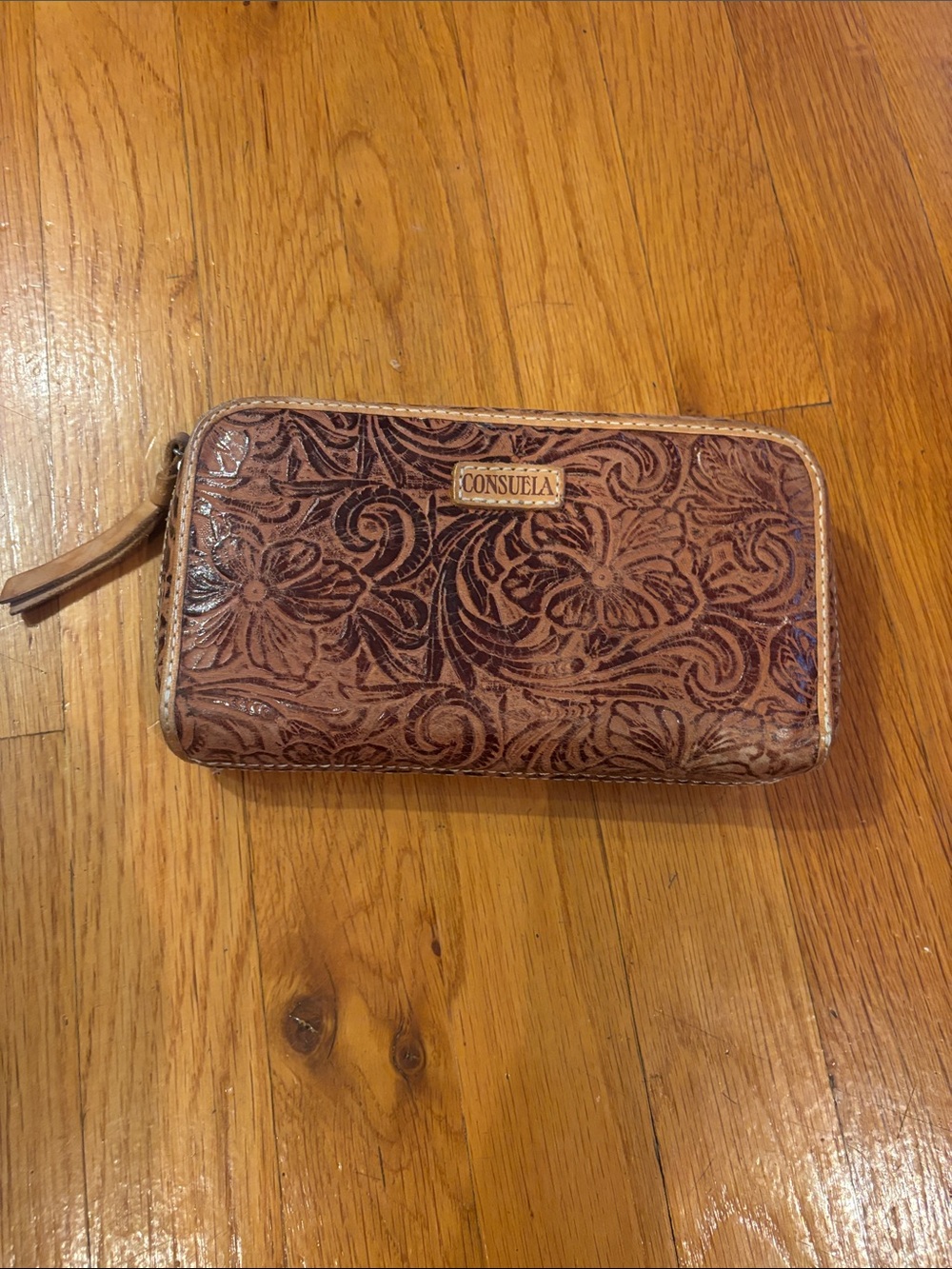 Consuela Embossed Floral Leather Zip Wallet - Chestnut Brown